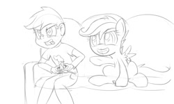 Size: 1500x900 | Tagged: safe, artist:crade, scootaloo, human, pegasus, pony, couch, humanized, monochrome, playing video games, sketch
