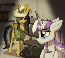 Size: 6379x5630 | Tagged: safe, artist:celestial-rainstorm, imported from derpibooru, daring do, twilight velvet, pegasus, pony, unicorn, fanfic:spectrum of lightning, series:daring did tales of an adventurer's companion, bag, fanfic art, shelf, unamused