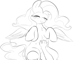 Size: 1034x841 | Tagged: safe, artist:dotkwa, fluttershy, human, pegasus, pony, belly fluff, bellyrubs, black and white, blushing, chest fluff, cute, eyes closed, female, grayscale, mare, monochrome, offscreen character, on back, smiling, spread wings, wings