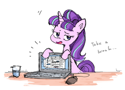 Size: 3463x2480 | Tagged: safe, artist:nendo, imported from derpibooru, starlight glimmer, pony, unicorn, computer, computer mouse, dialogue, female, glass of water, laptop computer, s5 starlight, solo, table