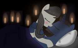 Size: 1920x1200 | Tagged: safe, artist:manerg, derpibooru exclusive, imported from derpibooru, octavia melody, oc, oc:manerg, earth pony, unicorn, bed, blushing, canon x oc, eyes closed, female, kissing, male, mantavia, mare, pillow, shipping, stallion