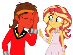 Size: 1124x842 | Tagged: safe, artist:robertsonskywa1, imported from derpibooru, sunset shimmer, oc, oc:mezma, oc:starbreaker firewalker, equestria girls, clothes, clothes swap, crossover, crossover shipping, duo, equestria girls-ified, facepalm, facepalmed, female, headband, holomatter avatar, hot rod, male, photo, rodimus, shipping, straight, thumbs up, transformers