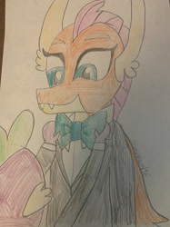 Size: 1280x1707 | Tagged: safe, artist:disneymarvel96, imported from derpibooru, smolder, spike, dragon, adjusting, bowtie, clothes, dragoness, duo, female, formal wear, male, suit