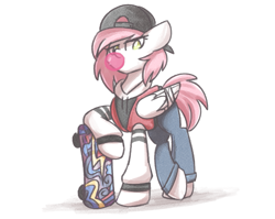 Size: 741x589 | Tagged: safe, artist:sugar morning, imported from derpibooru, oc, oc:sugar morning, pegasus, pony, bubblegum, clothes, female, food, gum, hat, mare, skateboard, tomboy