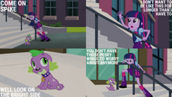 Size: 1280x720 | Tagged: safe, edit, edited screencap, editor:quoterific, imported from derpibooru, screencap, spike, twilight sparkle, dog, equestria girls, equestria girls (movie), boots, canterlot high, clothes, cutie mark, cutie mark on clothes, female, male, open mouth, shoes, spike the dog, stairs