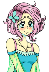 Size: 1080x1596 | Tagged: safe, artist:jvartes6112, imported from derpibooru, fluttershy, equestria girls, alternate hairstyle, blushing, bust, clothes, crying, female, hairclip, jewelry, necklace, short hair, simple background, solo, transparent background