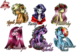 Size: 1596x1080 | Tagged: safe, artist:jvartes6112, imported from derpibooru, applejack, fluttershy, pinkie pie, rainbow dash, rarity, twilight sparkle, alicorn, earth pony, pegasus, pony, unicorn, wolf, bust, eye scar, female, floral head wreath, flower, frown, hat, horn, injured, mane six, mare, pinkamena diane pie, scar, simple background, transparent background, twilight sparkle (alicorn), wings