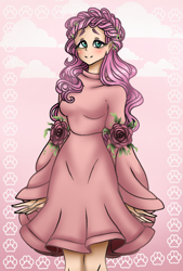 Size: 1080x1596 | Tagged: safe, artist:jvartes6112, imported from derpibooru, fluttershy, human, alternate hairstyle, braid, clothes, cloud, dress, flower, humanized, outdoors, paw prints, rose, smiling, solo