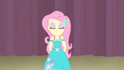 Size: 3410x1920 | Tagged: safe, imported from derpibooru, screencap, fluttershy, equestria girls, equestria girls series, fluttershy's butterflies, arm behind back, armpits, clothes, cute, cutie mark, cutie mark on clothes, eyes closed, female, fluttershy boho dress, fluttershy's butterflies: applejack, geode of fauna, hairpin, hands behind back, high res, jewelry, magical geodes, necklace, shyabetes, sleeveless, smiling, solo