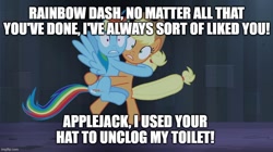 Size: 888x499 | Tagged: safe, artist:megalobronia, edit, edited screencap, imported from derpibooru, screencap, applejack, rainbow dash, castle mane-ia, season 4, caption, graveyard shift, hug, image macro, imgflip, implied toilet, meme, scared, spongebob squarepants, text