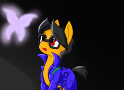 Size: 800x587 | Tagged: safe, artist:a.s.e, imported from derpibooru, oc, oc only, oc:a.s.e, butterfly, earth pony, pony, alone, clothes, darkness, earth pony oc, eye clipping through hair, eyebrows, eyebrows visible through hair, glasses, male, males only, open mouth, raised tail, solo, stallion, tail, trenchcoat