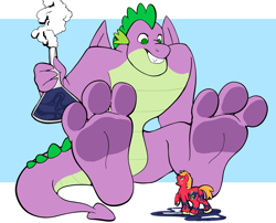 Size: 2732x2203 | Tagged: safe, artist:giantboonehusky, imported from derpibooru, big macintosh, spike, anthro, dragon, earth pony, plantigrade anthro, pony, barefoot, digital art, dragon wings, feet, fetish, foot fetish, foot focus, high res, looking at each other, macro, male, older, older spike, potion, sitting, stallion, tail, wings