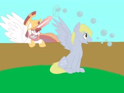 Size: 3648x2736 | Tagged: safe, artist:marmerso, imported from derpibooru, derpy hooves, princess celestia, alicorn, pegasus, pony, bubble, bubble wand, dopey hooves, duo, high res, levitation, magic, male, prince solaris, rule 63, stallion, telekinesis