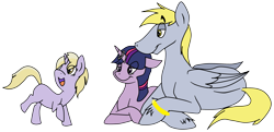 Size: 3147x1521 | Tagged: safe, artist:marmerso, imported from derpibooru, derpy hooves, dinky hooves, twilight sparkle, pegasus, pony, unicorn, dopey hooves, family, female, filly, half r63 shipping, horn, horn ring, jewelry, lesbian, lying down, male, mare, prone, ring, rule 63, shipping, stallion, straight, twerpy, twopey, wedding ring