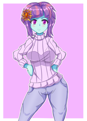 Size: 1300x1800 | Tagged: safe, artist:n00bultima, imported from derpibooru, sunny flare, equestria girls, clothes, female, hand on hip, looking at you, solo, sweater