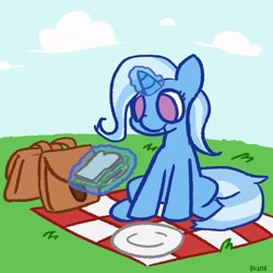 Size: 1250x1250 | Tagged: safe, artist:bilayer64, imported from derpibooru, trixie, pony, unicorn, bag, female, food, magic, mare, picnic blanket, plate, saddle bag, sandwich, telekinesis