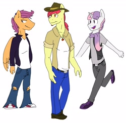 Size: 2240x2176 | Tagged: safe, artist:marmerso, imported from derpibooru, apple bloom, scootaloo, sweetie belle, anthro, earth pony, pegasus, unicorn, applebuck, clothes, cowboy hat, cutie mark crusaders, facial hair, goatee, hat, high res, jacket, jeans, male, older, older apple bloom, older cmc, older scootaloo, older sweetie belle, pants, ripped pants, rule 63, scarf, scooteroll, silver bell, simple background, stallion, torn clothes, trio, white background