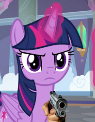 Size: 553x706 | Tagged: safe, edit, edited screencap, imported from derpibooru, screencap, twilight sparkle, alicorn, pony, school daze, angry, delet this, frown, glowing horn, gun, handgun, horn, looking at you, pistol, suddenly hands, twilight sparkle (alicorn), weapon