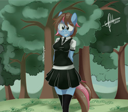 Size: 1280x1126 | Tagged: safe, artist:zcomic, imported from derpibooru, oc, oc only, anthro, earth pony, arm behind back, breasts, clothes, digital art, female, forest, glasses, shirt, skirt, smiling, socks, solo, solo female, stockings, tail, thigh highs, thighs, tree