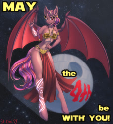 Size: 1166x1280 | Tagged: safe, artist:pony straponi, artist:st. oni, imported from derpibooru, oc, oc only, oc:delilah garnet, anthro, bat pony, unguligrade anthro, bat pony oc, bat wings, clothes, commission, crossover, female, full body, may the fourth be with you, maythe4th, princess leia, slave leia outfit, solo, space, star wars, wings