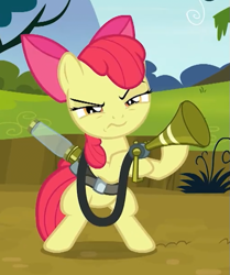 Size: 503x602 | Tagged: safe, imported from derpibooru, screencap, apple bloom, earth pony, pony, bloom and gloom, season 5, angry, bipedal, cropped, female, filly, medic, medigun, pest control gear, solo, team fortress 2, twitbuster apple bloom