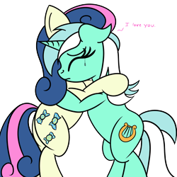 Size: 2000x2000 | Tagged: safe, artist:dafiltafish, imported from derpibooru, bon bon, lyra heartstrings, sweetie drops, earth pony, pony, unicorn, comic:day by day, bipedal, crying, cute, daaaaaaaaaaaw, dialogue, eyes closed, female, high res, hug, i love you, lesbian, lyrabon, reconciliation, shipping, simple background, transparent background