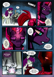 Size: 2480x3508 | Tagged: safe, artist:dsana, imported from derpibooru, tempest shadow, oc, oc:fireweed, oc:thistledown, earth pony, pony, unicorn, comic:a storm's lullaby, angry, armor, brother and sister, comic, crying, crystal, crystal armor, earth pony oc, eyes closed, female, high res, horn, male, mare, open mouth, scar, siblings, stallion, tears of anger, tempest gets her horn back, this will end in tears, wiping tears