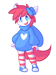 Size: 1200x1600 | Tagged: safe, artist:comfytail, imported from derpibooru, oc, oc:peppermint, anthro, clothes, converse, hoodie, looking at you, open mouth, ribbon, shoes, socks, standing, striped socks