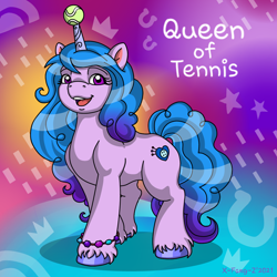 Size: 1024x1024 | Tagged: safe, artist:x-fang-z, imported from derpibooru, izzy moonbow, pony, unicorn, ball, cute, cutie mark, female, g5, horn, horn impalement, hornball, izzy's tennis ball, izzybetes, mare, open mouth, simple background, solo, tennis ball, text, unshorn fetlocks