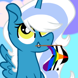 Size: 768x768 | Tagged: safe, artist:xxmiraclesparklexx, imported from derpibooru, oc, oc:fleurbelle, alicorn, alicorn oc, bow, female, flag, hair bow, holding a flag, horn, mare, pride, pride flag, straight ally flag, wingding eyes, wings, yellow eyes