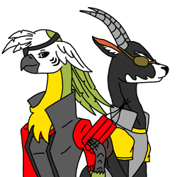 Size: 768x768 | Tagged: safe, artist:agdapl, imported from derpibooru, antelope, bird, griffon, hybrid, parrot, parrot griffon, antlers, crossover, demoman, duo, eyepatch, female, male, rule 63, simple background, species swap, sunglasses, team fortress 2, white background