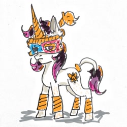 Size: 959x959 | Tagged: safe, artist:phutphitchaya, imported from derpibooru, oc, oc only, oc:golden hooves, pony, unicorn, female, horn, jewelry, leg warmers, leonine tail, mare, mask, ring, simple background, solo, tail, tail ring, unicorn oc, white background