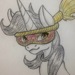 Size: 958x958 | Tagged: safe, artist:phutphitchaya, imported from derpibooru, oc, oc only, oc:golden hooves, pony, unicorn, bust, female, hair wrap, horn, mare, mask, smiling, solo, traditional art, unicorn oc