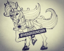 Size: 640x512 | Tagged: safe, artist:phutphitchaya, imported from derpibooru, oc, oc only, oc:golden hooves, pony, unicorn, armor, female, helmet, hoof shoes, horn, lineart, mare, signature, solo, traditional art, unicorn oc