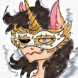 Size: 1080x1080 | Tagged: safe, artist:phutphitchaya, imported from derpibooru, oc, oc only, oc:golden hooves, pony, unicorn, bust, chest fluff, ear fluff, female, heterochromia, horn, mare, mask, simple background, smiling, solo, unicorn oc, white background