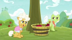 Size: 1920x1080 | Tagged: safe, imported from derpibooru, screencap, goldie delicious, granny smith, earth pony, pony, going to seed, season 9, spoiler:s09, apple, bucket, duo, duo female, female, food, mare, tree