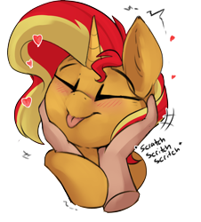 Size: 2226x2457 | Tagged: safe, artist:beardie, imported from derpibooru, sunset shimmer, human, pony, unicorn, beardies scritching ponies, blushing, cute, disembodied hand, eyes closed, floating heart, hand, heart, high res, petting, scratches, shimmerbetes, smiling, tongue out