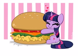 Size: 4096x2952 | Tagged: safe, artist:kittyrosie, imported from derpibooru, twilight sparkle, alicorn, pony, burger, cargo ship, chibi, cute, eyes closed, female, floating heart, food, hay burger, heart, high res, hug, mare, redraw, shipping, smiling, solo, that pony sure does love burgers, twiabetes, twilight burgkle, twilight sparkle (alicorn)