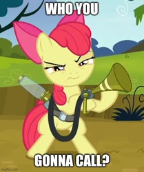 Size: 500x598 | Tagged: safe, edit, edited screencap, imported from derpibooru, screencap, apple bloom, earth pony, pony, bloom and gloom, season 5, angry, bipedal, caption, cropped, female, ghostbusters, image macro, meme, solo, text, twitbuster apple bloom