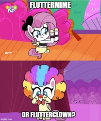 Size: 500x600 | Tagged: safe, artist:mlpfan3991, edit, edited screencap, imported from derpibooru, screencap, fluttershy, pegasus, pony, lolly-pop, my little pony: pony life, spoiler:pony life s02e19, spoiler:pony life s02e21, clown, clown nose, clown wig, female, flutterclown, fluttermime, g4.5, imgflip, mare, mime, playwright or wrong, pony life, question, red nose, solo, tiny pop