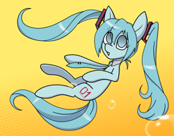 Size: 2000x1568 | Tagged: safe, artist:rainbowbacon, imported from derpibooru, kotobukiya, earth pony, pony, anime, bubble, hatsune miku, headphones, kotobukiya hatsune miku pony, necktie, ponified, solo, vocaloid