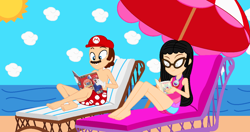 Size: 1360x719 | Tagged: safe, artist:nackliza, artist:user15432, imported from derpibooru, oc, oc:aaliyah, human, equestria girls, aaliyah, amulet, barefoot, barely eqg related, base used, beach, beach chair, beach umbrella, book, cap, chair, clothes, cloud, crossover, duo, equestria girls style, equestria girls-ified, feet, glasses, gloves, hat, hello kitty, hello kitty (character), jewelry, kitty white, mario, mario's hat, necklace, nintendo, ocean, reading, sand, sanrio, summer, sun, super mario 3d all-stars, super mario 64, super mario bros., super mario galaxy, super mario sunshine, swimming trunks, swimsuit, the little mermaid, umbrella, water