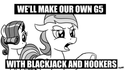 Size: 1200x675 | Tagged: safe, artist:pony-berserker, imported from derpibooru, rainbow dash, rarity, pegasus, pony, unicorn, angry, duo, duo female, female, futurama, halftone, implied g5, meme, monochrome, pony-berserker's twitter sketches, sketch, stippling