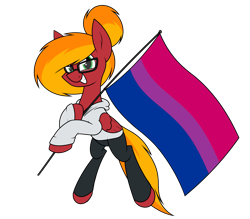 Size: 1729x1516 | Tagged: safe, artist:moonatik, imported from derpibooru, oc, oc only, oc:moonatik, pegasus, pony, bisexual pride flag, clothes, flag, glasses, hair bun, holding a flag, hoodie, looking at you, male, pants, pegasus oc, pride, pride flag, pride month, simple background, solo, stallion, transparent background, wings