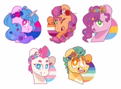 Size: 4096x3028 | Tagged: safe, artist:cocopudu, imported from derpibooru, hitch trailblazer, izzy moonbow, pipp petals, sunny starscout, zipp storm, earth pony, pegasus, pony, unicorn, bisexual pride flag, blaze (coat marking), braid, bust, coat markings, facial markings, female, floppy ears, flower, flower in hair, g5, gay pride flag, high res, lesbian pride flag, looking at you, male, mane five (g5), mare, one eye closed, open mouth, pale belly, pansexual pride flag, pride, pride flag, pride month, simple background, stallion, trans zipp, transgender pride flag, white background, white pupils, wink