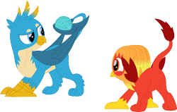 Size: 3541x2245 | Tagged: safe, artist:porygon2z, imported from derpibooru, gallus, oc, oc:heatwave, griffon, duo, duo male, featureless crotch, griffon oc, high res, male, simple background, transparent background, vector, yarn, yarn ball