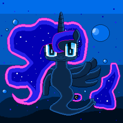 Size: 2449x2449 | Tagged: safe, artist:superhypersonic2000, imported from derpibooru, princess luna, alicorn, pony, seapony (g4), blue eyes, blue mane, bubble, crown, ethereal mane, female, fish tail, high res, horn, jewelry, looking at you, ocean, pixel art, regalia, seaponified, seapony luna, smiling, solo, species swap, starry mane, tail, underwater, water, wings