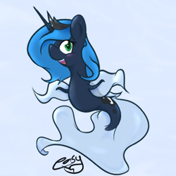 Size: 500x500 | Tagged: safe, artist:easyfox7, imported from derpibooru, princess luna, alicorn, pony, sea pony, blue background, blue mane, crown, dorsal fin, female, fins, fish tail, green eyes, horn, jewelry, ocean, open mouth, open smile, regalia, seaponified, seapony luna, signature, simple background, smiling, solo, species swap, tail, teeth, underwater, water
