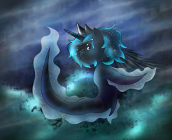 Size: 2586x2113 | Tagged: safe, artist:kukotte, imported from derpibooru, princess luna, alicorn, pony, sea pony, blue mane, crown, ethereal mane, female, fins, fish tail, high res, horn, jewelry, ocean, regalia, seaponified, seapony luna, signature, solo, species swap, starry mane, tail, underwater, water