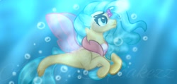 Size: 2100x1000 | Tagged: safe, artist:artisticcupcakezz, imported from derpibooru, princess skystar, seapony (g4), my little pony: the movie, blue eyes, bubble, female, fin wings, fins, fish tail, flower, flower in hair, flowing mane, flowing tail, freckles, jewelry, looking up, necklace, ocean, pearl necklace, solo, tail, underwater, water, wings